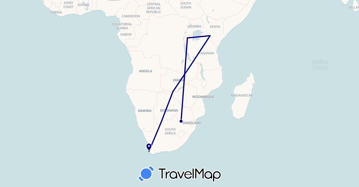 TravelMap itinerary: driving in Kenya, Rwanda, South Africa, Zambia (Africa)